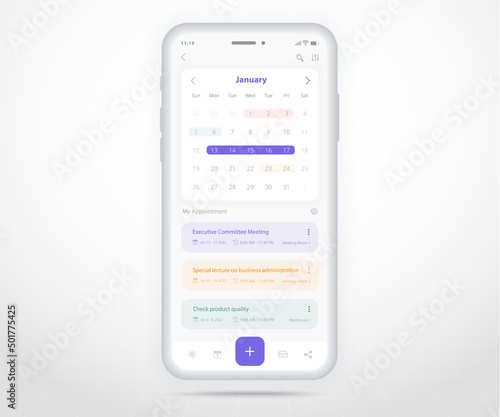 Mobile app calendar planner concept, Appointment calendar template UI UX, Smartphone calendar schedule agenda annual planning meeting application, Calendar events, Activity, Event app, Vector phone
