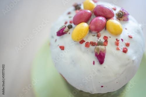 Easter decor of eggs, rose flowers and icing close-up. Festive cake with icing and eggs. High-calorie sweets, problems with the supply of sweets. easter, preparation, holidays