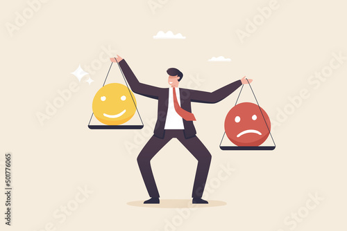 Emotional balance, psychological concept. mental balance Controlling emotions and feelings for work.  A young businessman tries to balance work and emotion.
