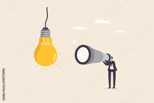 Creative ideas for new jobs, Searching for new ideas for business opportunities or new project. Businessmen use binoculars to look for light bubble ideas.