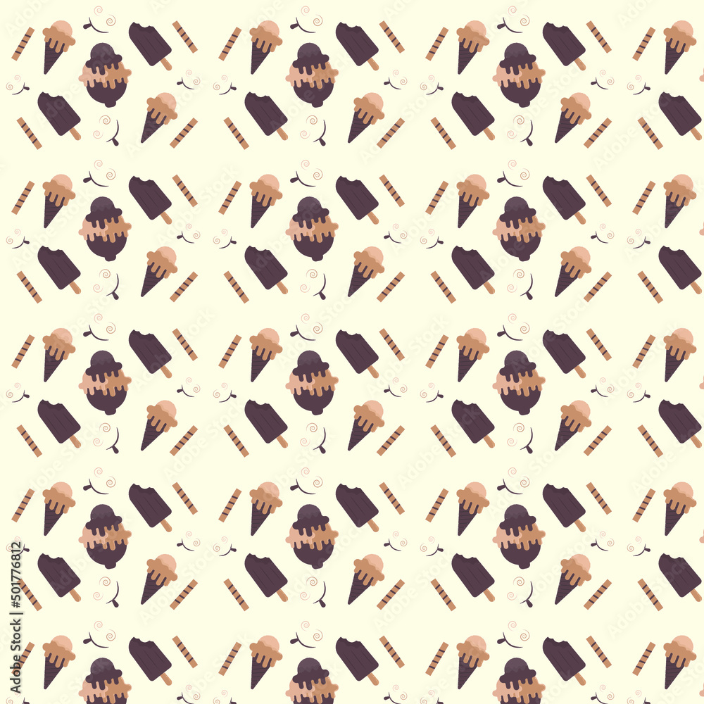 Chocolate ice cream seamless pattern design with ice cream, cone, vanilla cup, crunchy and yummy smile for food packaging projects or chocolaty background design