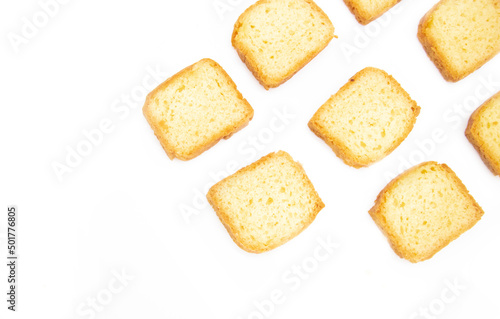 pound cake slices isolate on white background, selective focus, top view