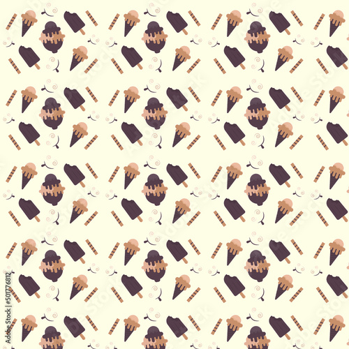 Chocolate ice cream seamless pattern design with ice cream  cone  vanilla cup  crunchy and yummy smile for food packaging projects or chocolaty background design