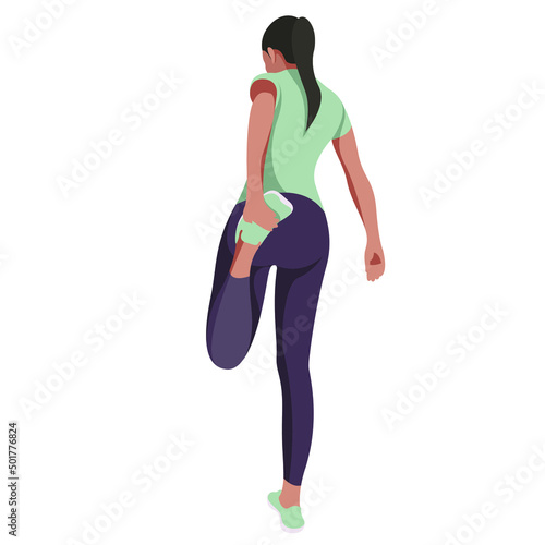 vector image of a beautiful slim athletic girl in a sports uniform warms up before training, stretches muscles, goes in for fitness, sports, trains isolated on a white background. morning run. jogging