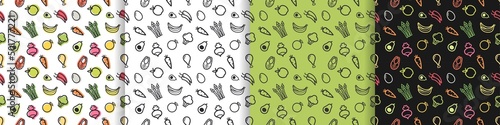 set of minimalistic linear patterns with fruits and vegetables. the concept of healthy eating and wholesome food. vector illustration for packaging.