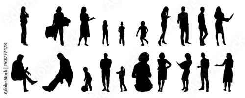 Vector illustration, Outline silhouettes of people, Contour drawing, people silhouette, Icon Set Isolated, Silhouette of sitting people, Architectural set	
