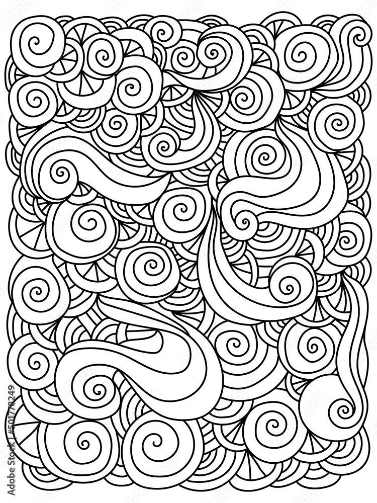 Abstract meditative doodle coloring page with waves and spirals