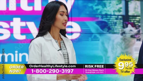 TV Beauty Products Ad Infomercial Montage: Host, Experts Doctor Talk, Present Beauty Products, Health Care Supplements, Cosmetics. Mockup Playback Television Advertisement Commercial. Long Version photo