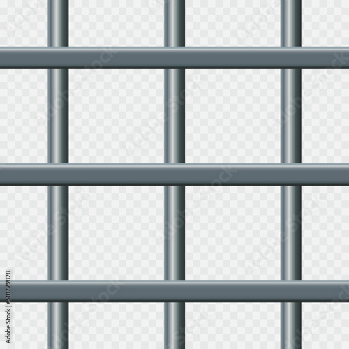 Vector illustration iron prison bars isolated on transparent background. Metal rods seamless pattern. Steel jail cell bars backdrop. Realistic prison grid background. 