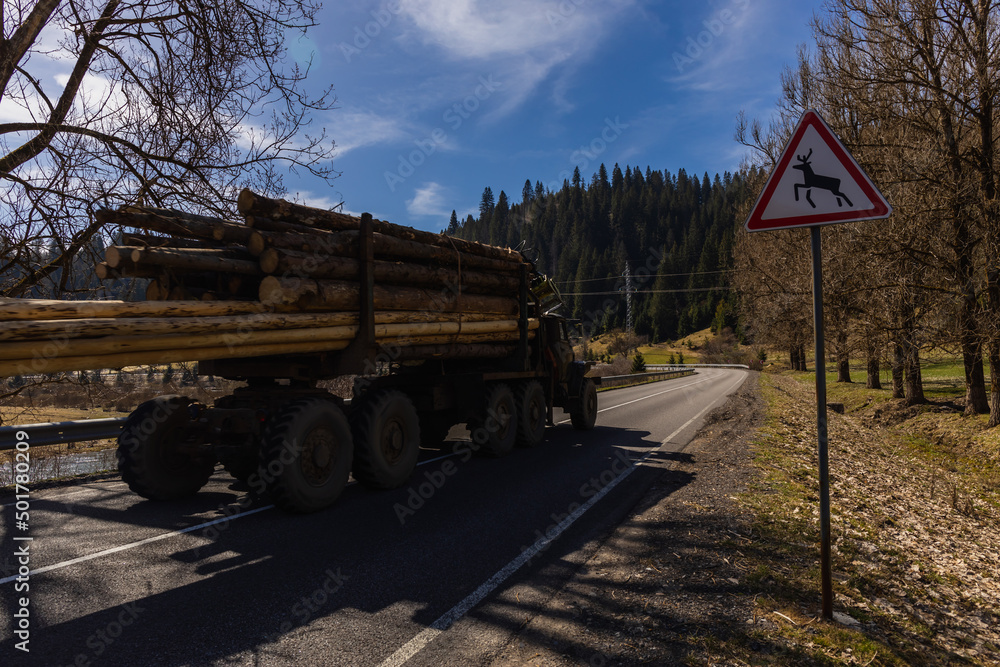 Truck with wooden logs on road near road sign in mountains.
