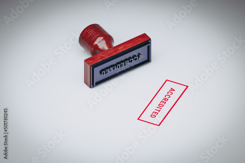 Rubber stamping seal with sign Authorized. Still life wooden seal with red stamp on a white paper 3d rendering
