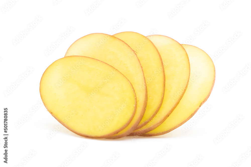 potato round slice over on white background, front view potato round slice over on white background, front view