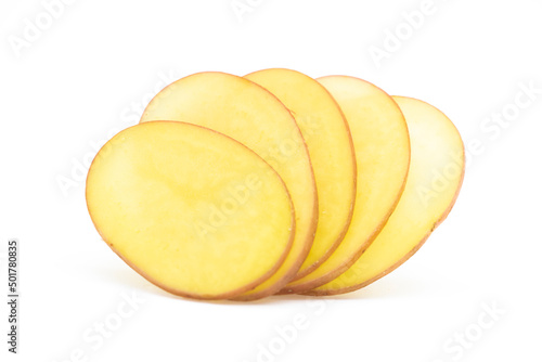 potato round slice over on white background, front view