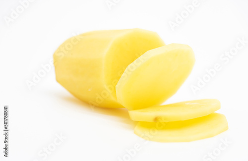 potato round slice without skin over on white background,