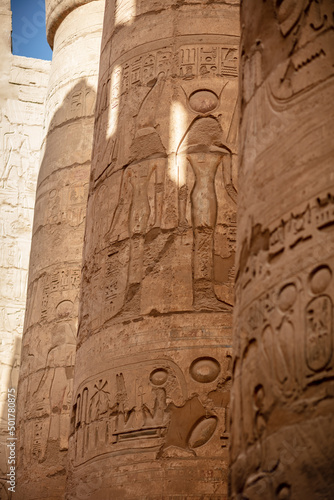 Different columns with hieroglyphs in Karnak temple. Karnak temple is the largest complex in ancient Egypt. © zlatoust198323