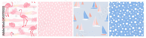 A set of seamless patterns with flamingo birds, palm leaves, the sea and boats with sails. Simple abstract shapes of water droplets and bubbles. Vector graphics.