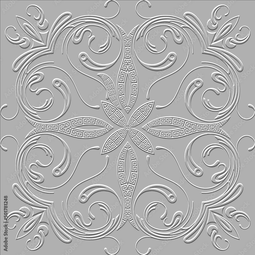Textured 3d lines seamless pattern. Embossed ethnic greek style background with surface emboss vintage paisley flowers, swirl lines,  leaves and greek key meanders. Beautiful floral 3d ornaments