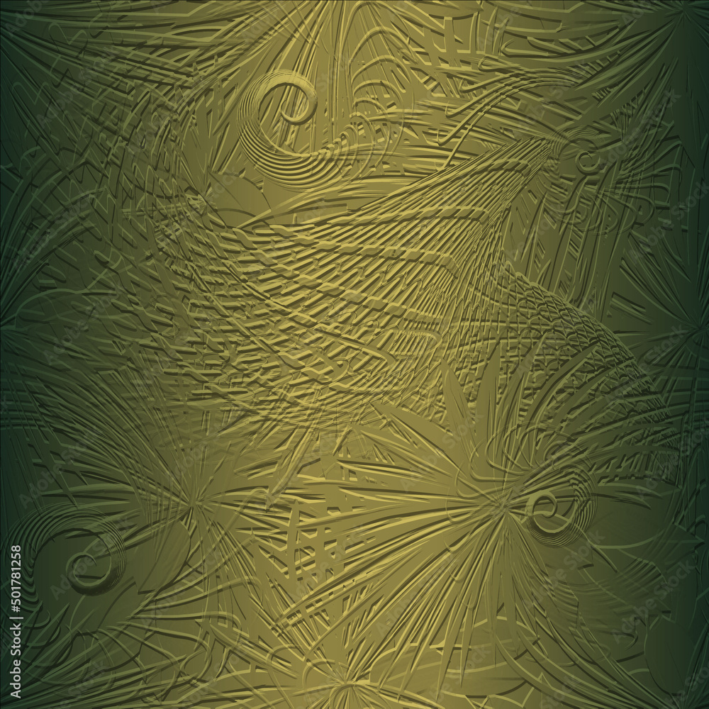 Green textured 3d tropical seamless pattern. Grunge abstract fantasy surface background. Repeat embossed vector backdrop. Emboss relief palm leaves, spiral, fractal. Floral 3d ornament. Rough texture