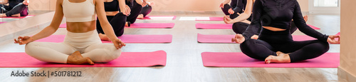 A group of sportswomen doing pilates or yoga on pink mats in a beige loft studio interior. Teamwork, good mood and healthy lifestyle concept.