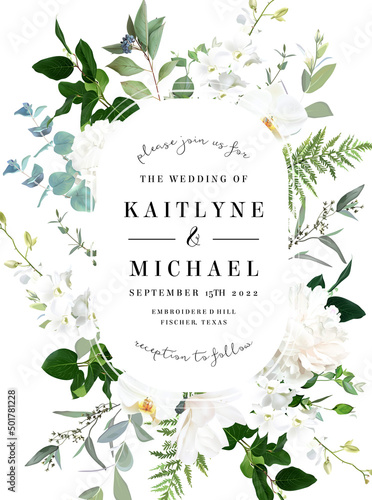 Classic white peony, hydrangea, magnolia and orchid flowers, eucalyptus, fern, salal, greenery vector