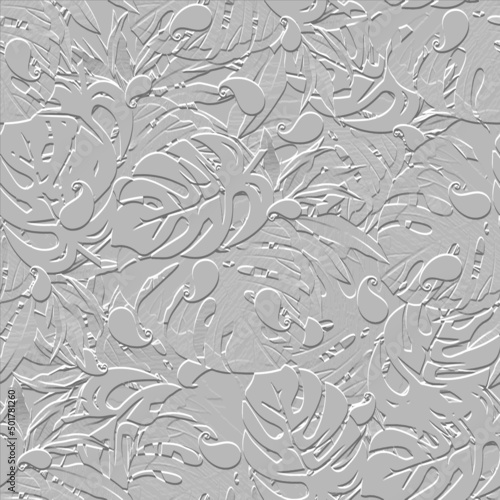 White textured 3d floral seamless pattern. Leafy embossed style vector background. Grunge rough repeat backdrop. Beautiful relief tropical ornament with surface emboss leaves, Paisley flowers