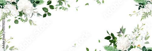 Classic white peony, hydrangea, magnolia and orchid flowers, eucalyptus, fern, salal, greenery, vector horizontal banner #501781272
