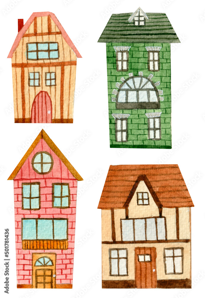 Collection of colorful watercolor houses in different colors, made by hand isolated on white background