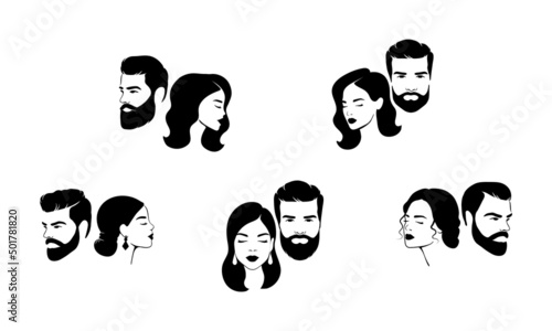 Set of Hair salon logo design with silhouettes of male and female faces. Hairdresser icons. Man and Woman on white background. Vector illustration.