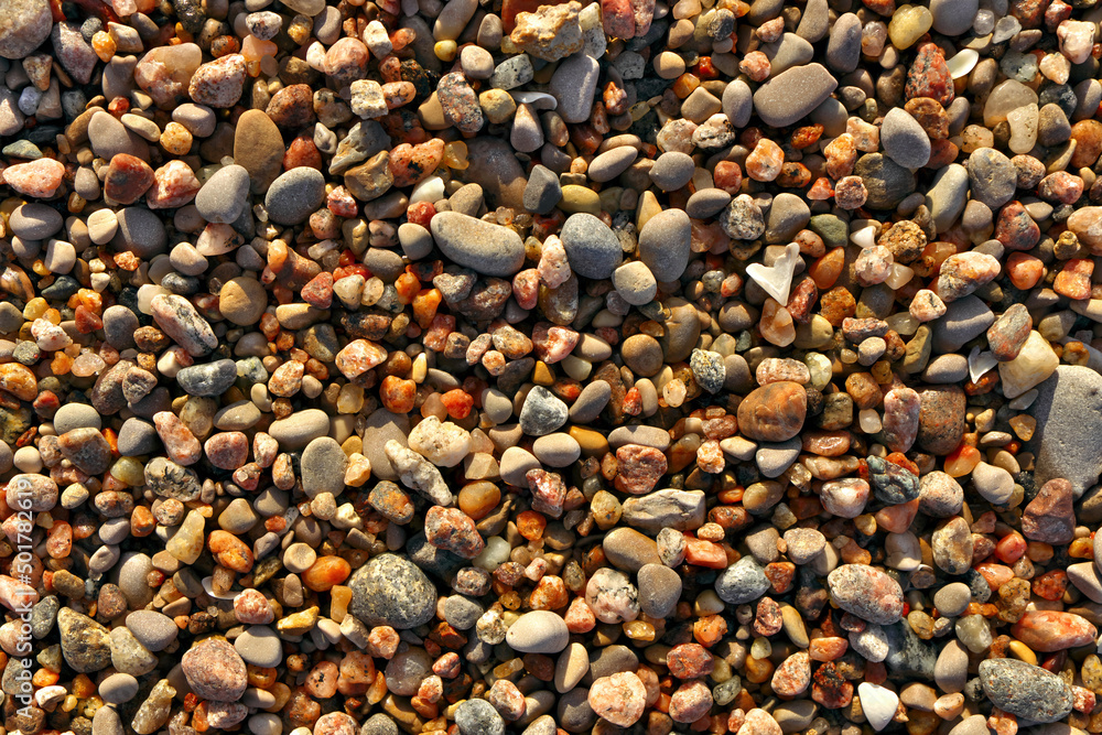 Different colored beach pebbles as background or texture.