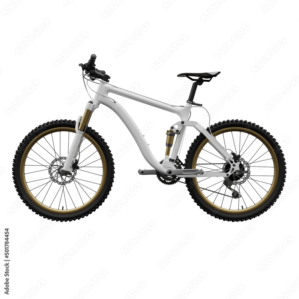 White mountain bike on an isolated white background. 3d rendering.