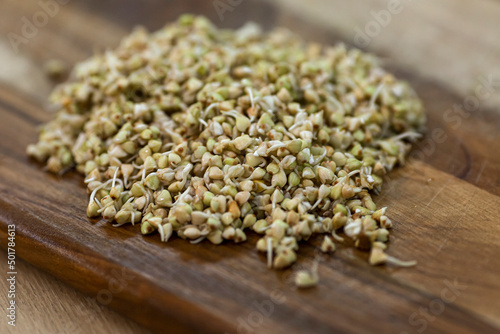 Sprouted grains of green buckwheat on a wooden cutting board. Healthy food and veganism. Close-up.