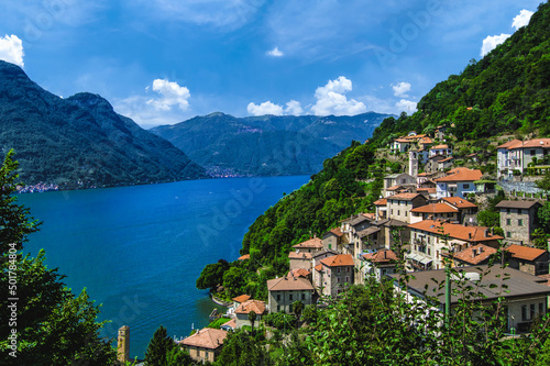 ancient village built on the side of the mountain that slopes down towards the lake.Nesso, Como lake, italian lakes, Italy.