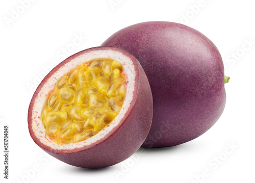 Passion fruit isolated. Ripe juicy passion fruit and half of passion fruit isolated on white background.