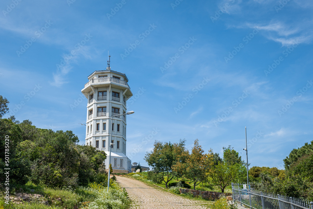 Princes Islands Fire Tower in the Sea of Marmara, Istanbul, Turkey. The view of Fire Tower on Buyukada,  one of the Princes Islands, in summer