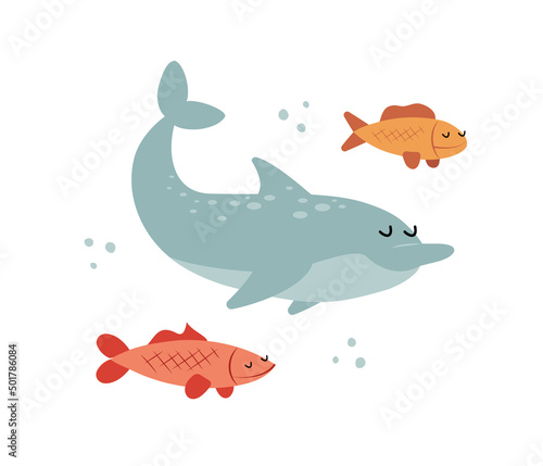 Hand drawn cute dolphin and fish  swimming together. Isolated vector illustration in flat cartoon style