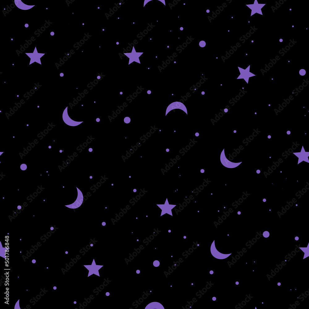 Seamless pattern with purple stars and moons. Seamless pattern for kids textile, cards, stationery, wrapping.
