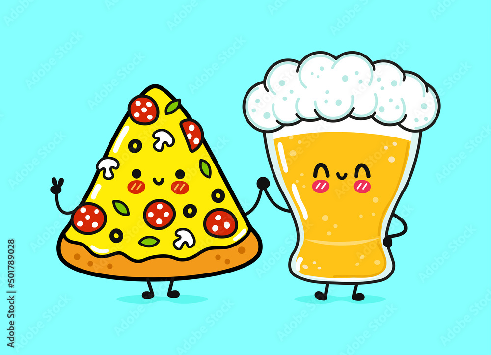 Cute, funny happy glass of beer and pizza. Vector hand drawn cartoon kawaii  characters, illustration icon. Funny cartoon glass of beer and pizza mascot  friends concept Stock Vector | Adobe Stock