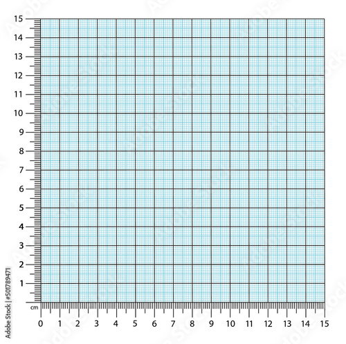 Vector illustration of corner rulers from isolated on white background. Blue plotting graph paper grid. Vertical and horizontal measuring scales. Millimeter graph paper grid template