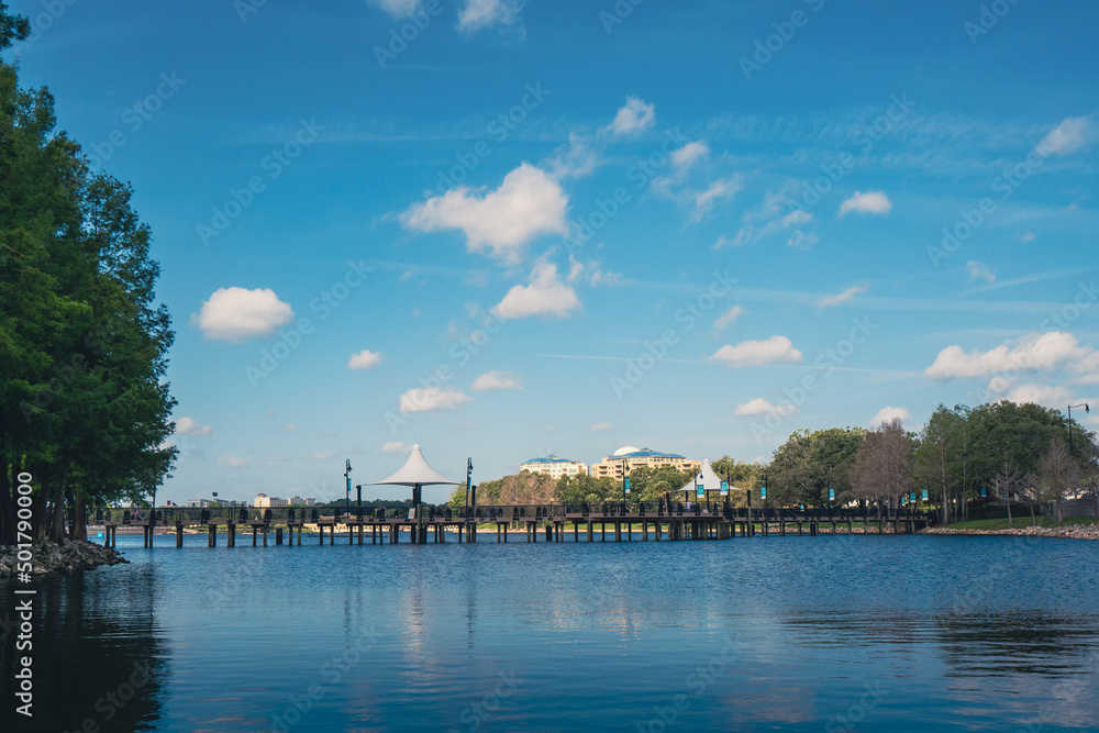 Cranes Roost park boardwalk and lake in Altamonte Springs, a city of Metro Orlando in Florida