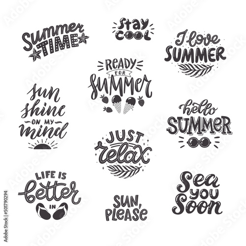 Black and white summer lettering set in modern style. Hand-drawn holiday decorations. Isolated vector illustration designs with summer elements. Vector typography collection.