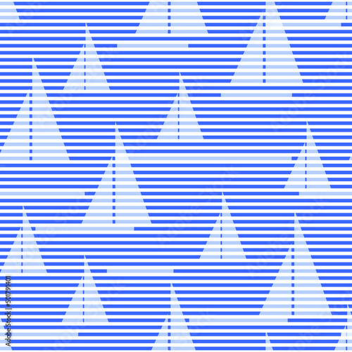 Sailboat in the sea. Stylized marine striped background. Seamless vector pattern.