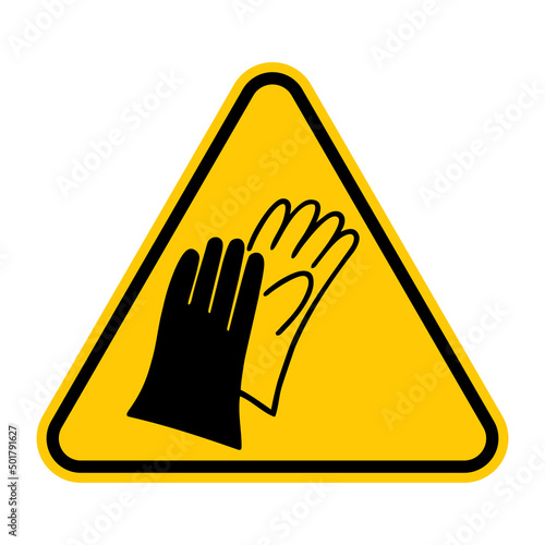 Wear gloves sign. Vector illustration of yellow triangle warning sign with two gloves icon inside. Protective gloves are required. Caution symbol. Bare hands are forbidden. Safety concept.