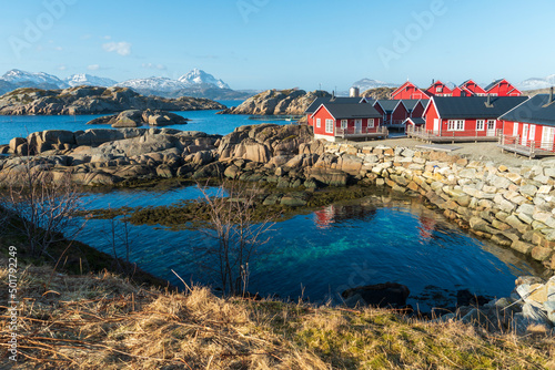 Red cabin landscape in Mortsund Vestvagoya island Leknes Lofoten islands  Nordland Norway photo