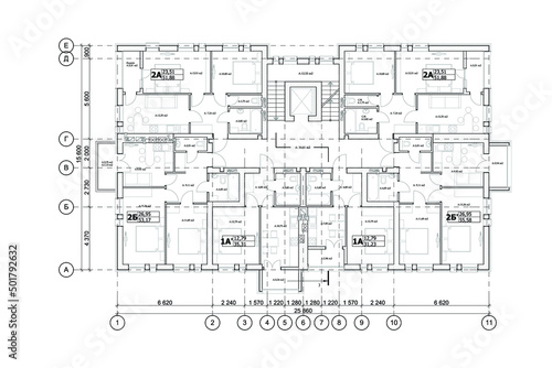 Multistory building detailed architectural technical drawing, vector blueprint floor layout