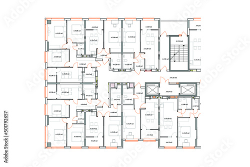 Multistory building detailed architectural technical drawing, vector blueprint floor layout
