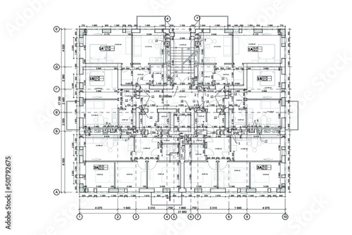 Multistory building detailed architectural technical drawing, vector blueprint floor layout