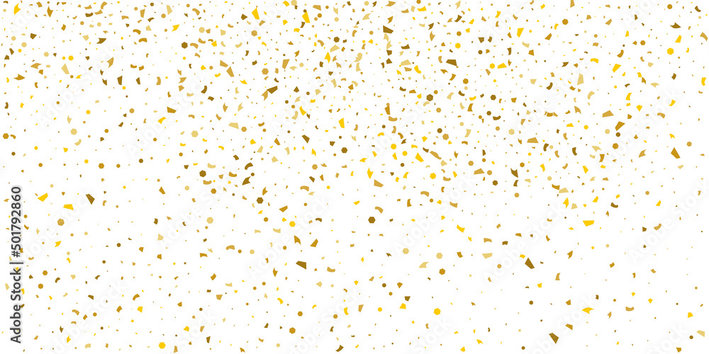 Golden glitter confetti on a white background. Illustration of a drop of shiny particles. Decorative element. Luxury background for your design, cards, invitations, gift, vip.