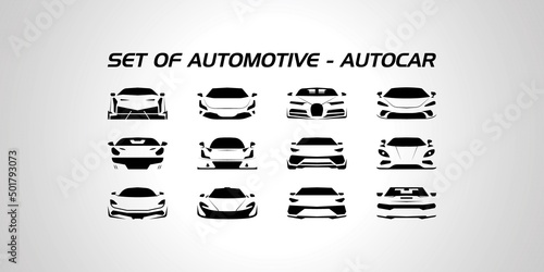 Set of automotive auto style car logo design with concept sports vehicle super car icon silhouette on light grey background. Vector illustration.