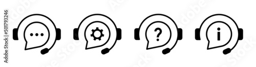 Support service icon set. Support icons isolated. Call center line vector symbols. Service signs. Live chat symbols. Editable stroke. Vector illustration
