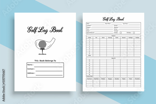 Golf log book KDP interior. Golf game score tracker and cart information checker template. KDP interior notebook. Golf total score calculator and location info recorder notebook interior.